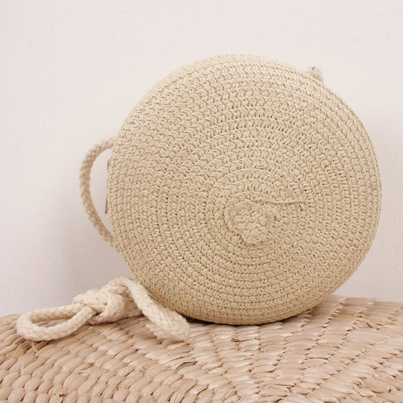 Minimalist Straw Bag Round Crossbody Purse Women Shoulder Vocation Style Handbag