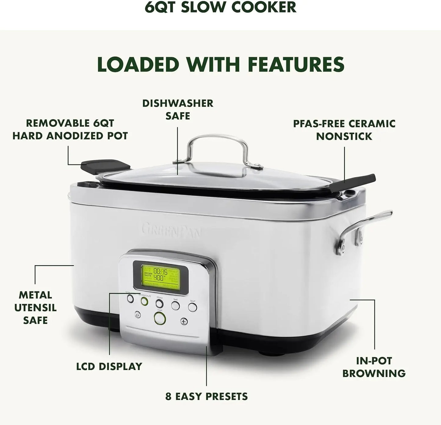 Elite 8 - in -1 Programmable 6QT Electric Slow Cooker, Dishwasher Safe Lid & Removable Crock, PFAS-Free Healthy Ceramic