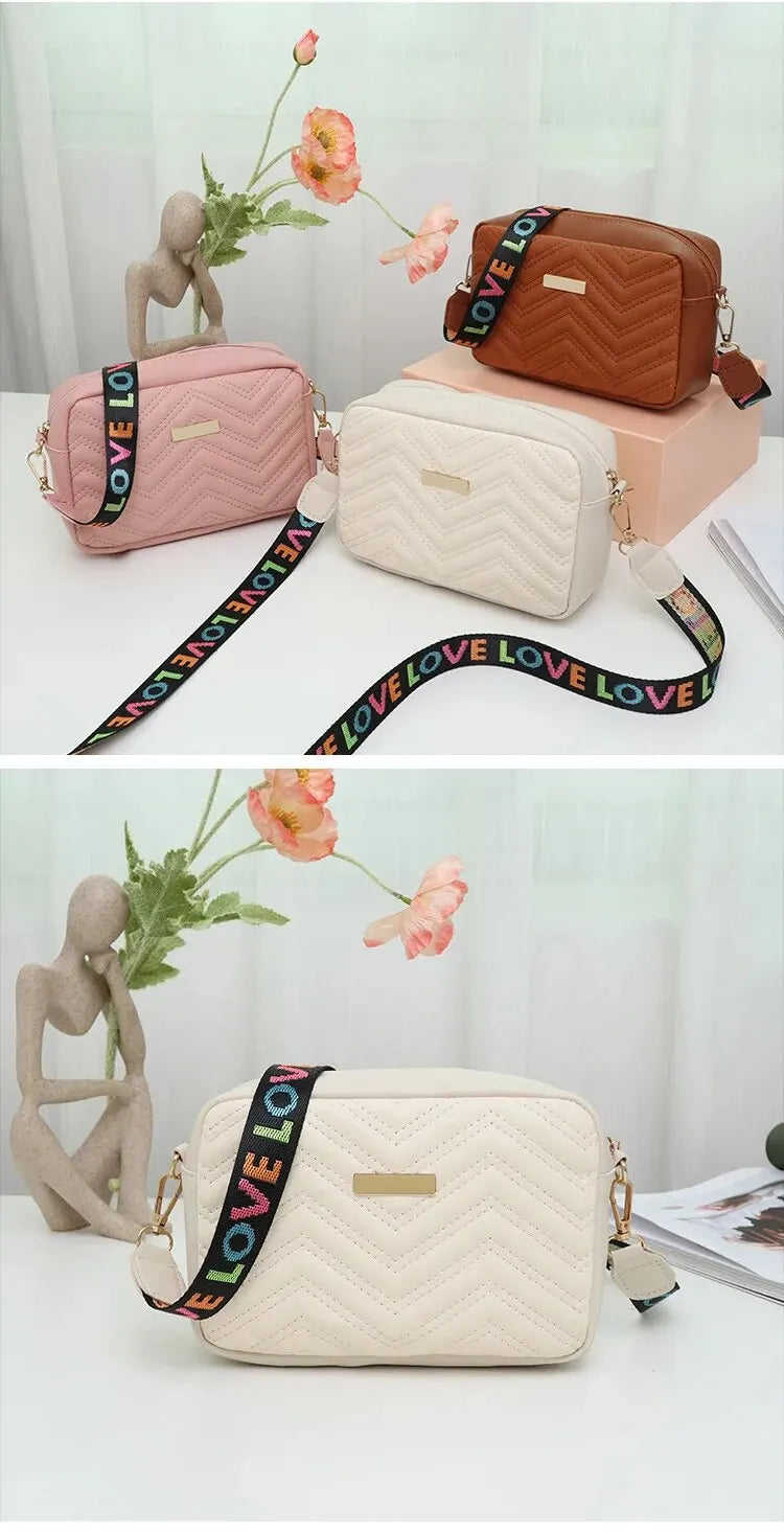 Rilibegan Embroidered Camera Bag PU Material Casual Small Square Bag Versatile Single Shoulder Bag Printed Shoulder Strap