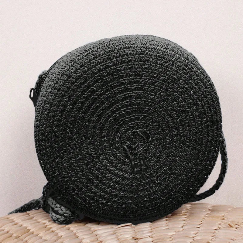 Minimalist Straw Bag Round Crossbody Purse Women Shoulder Vocation Style Handbag