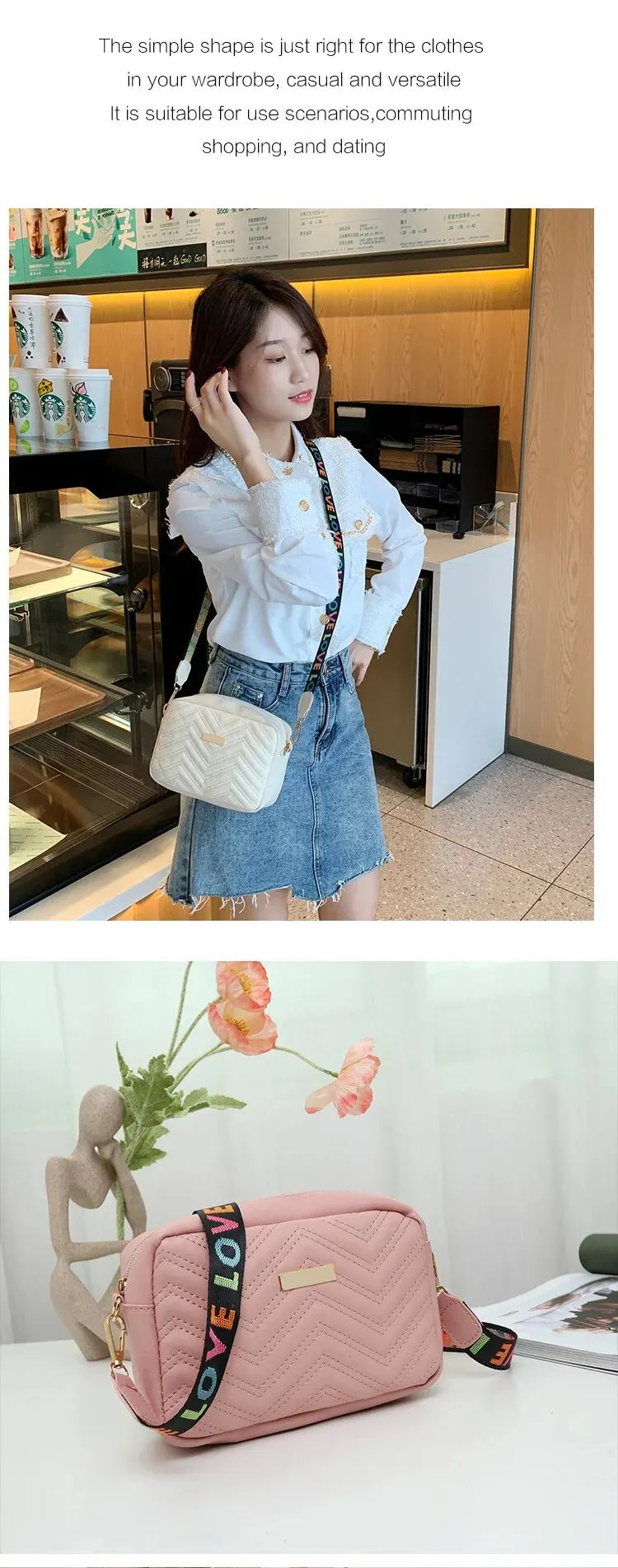 Rilibegan Embroidered Camera Bag PU Material Casual Small Square Bag Versatile Single Shoulder Bag Printed Shoulder Strap