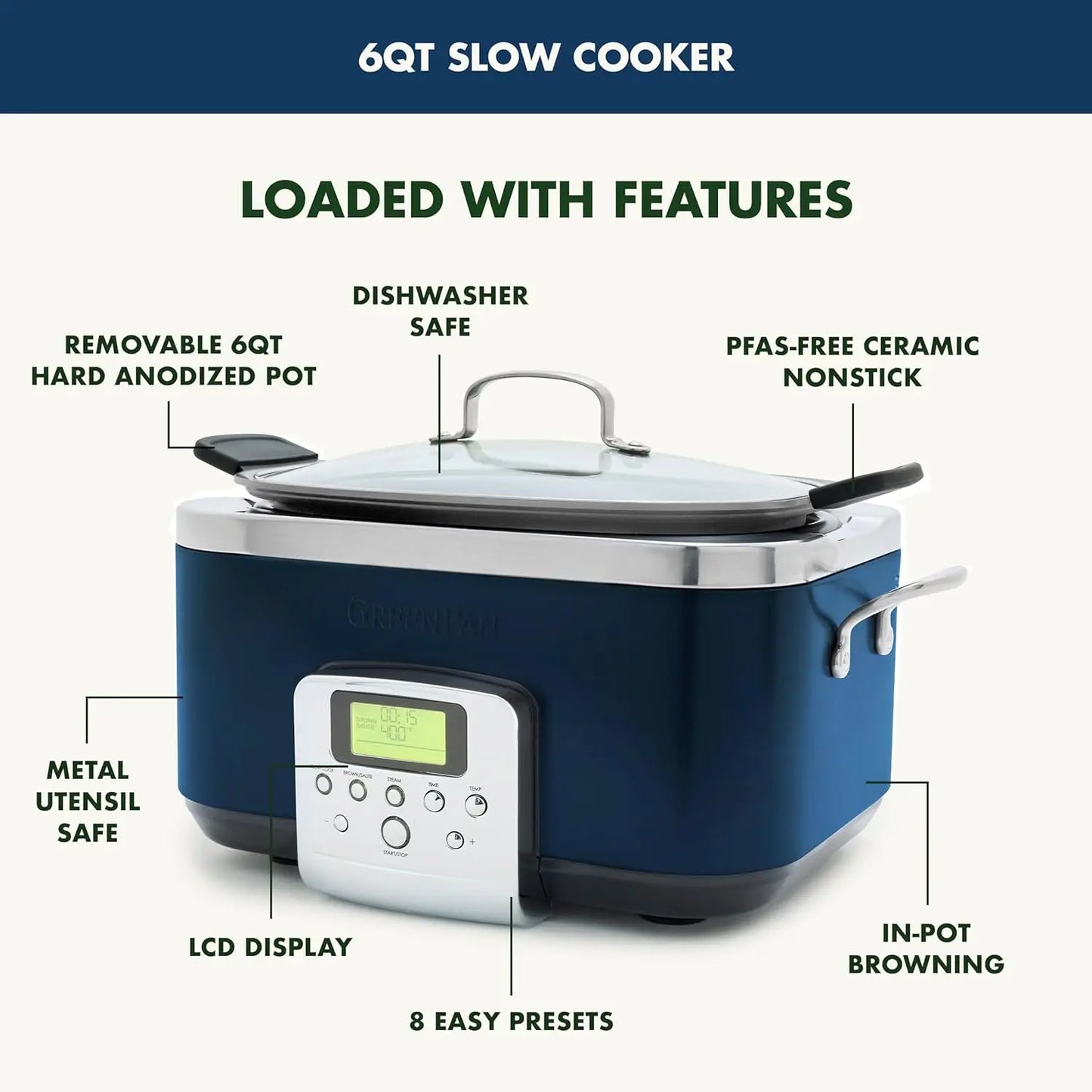 Elite 8 - in -1 Programmable 6QT Electric Slow Cooker, Dishwasher Safe Lid & Removable Crock, PFAS-Free Healthy Ceramic