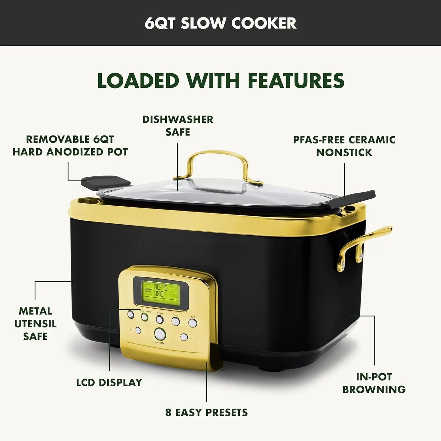 Elite 8 - in -1 Programmable 6QT Electric Slow Cooker, Dishwasher Safe Lid & Removable Crock, PFAS-Free Healthy Ceramic