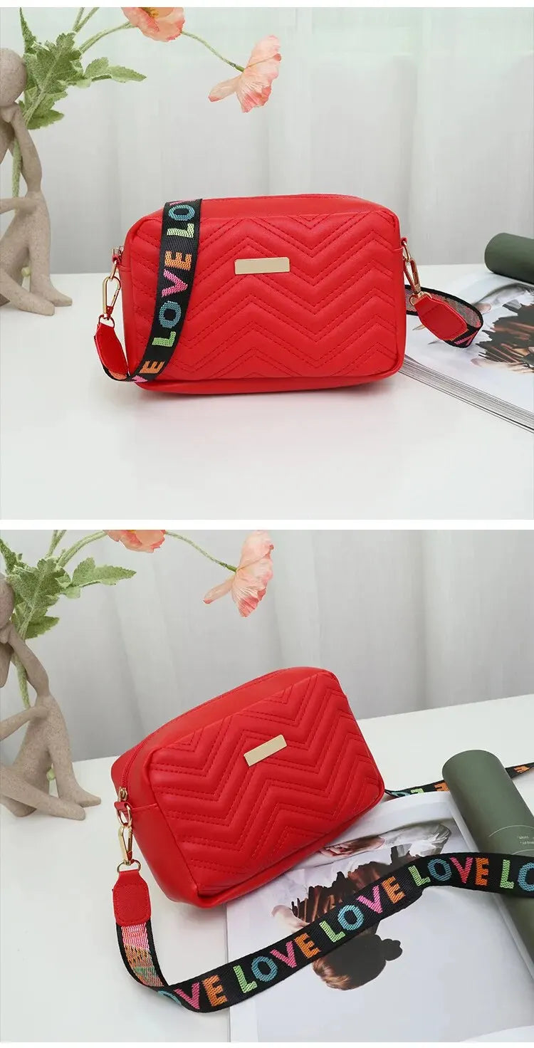 Rilibegan Embroidered Camera Bag PU Material Casual Small Square Bag Versatile Single Shoulder Bag Printed Shoulder Strap