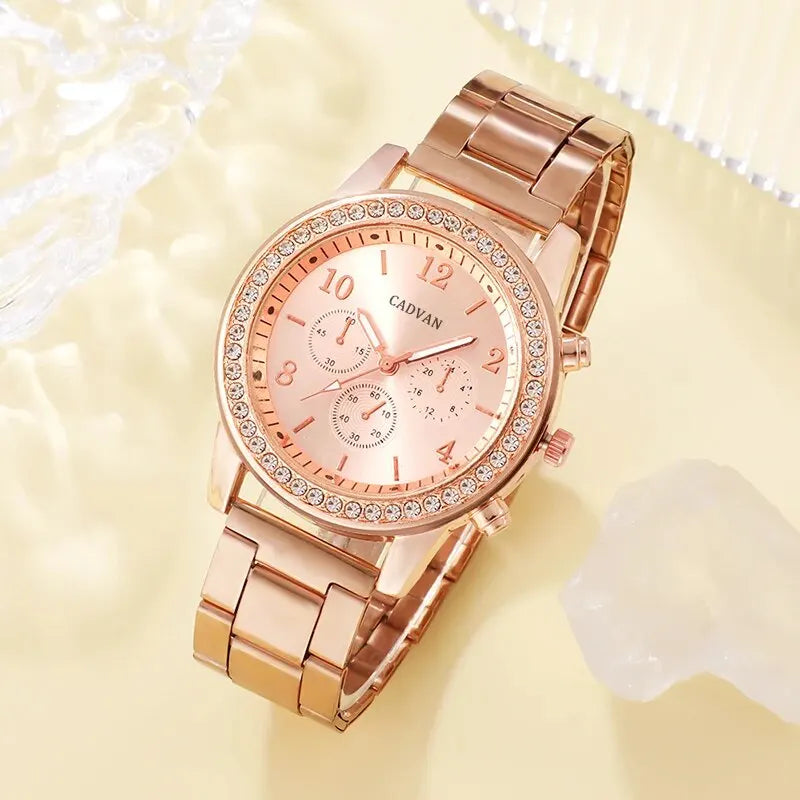 6PCS Set Rose Gold Luxury Watch Women Ring Necklace Earring Rhinestone Fashion Wristwatch Casual Ladies Bracelet Watches