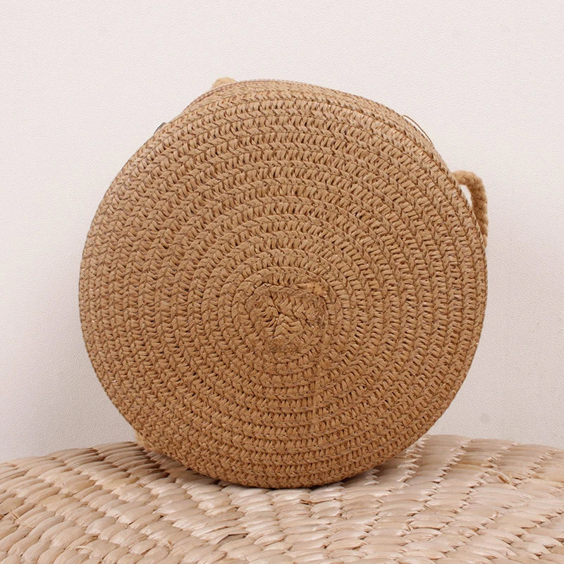 Minimalist Straw Bag Round Crossbody Purse Women Shoulder Vocation Style Handbag