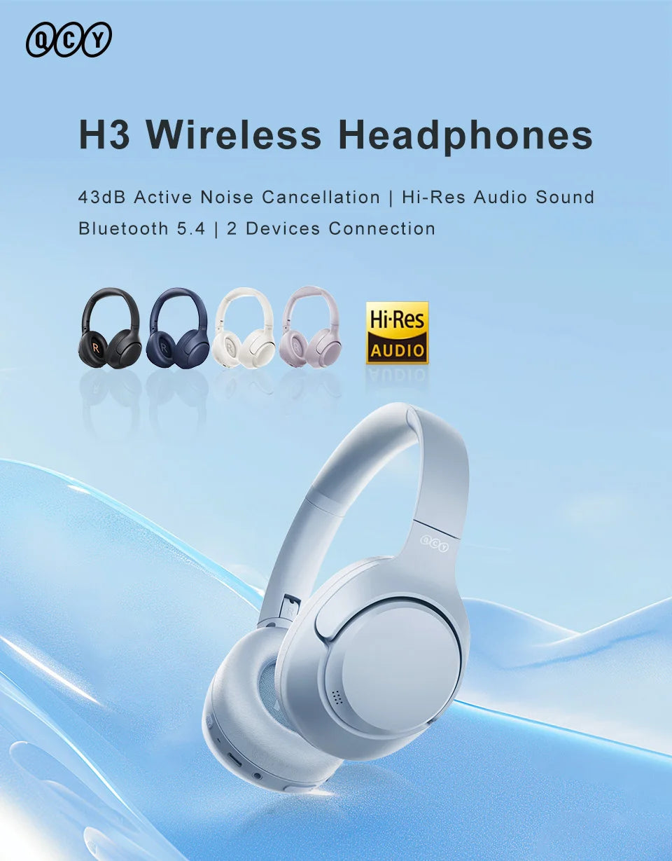 QCY H3 ANC Wireless Headphones Bluetooth 5.4 Hi-Res Audio Over Ear Headset 43dB Hybrid Active Noise Cancellation Earphones 60H