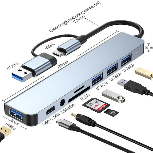 USB-C Hub USB Splitter 8 in 2 USB Extender with 4 USB Port 1 USBC Port TF/SD Card Reader Audio Output Compatible with MacBook