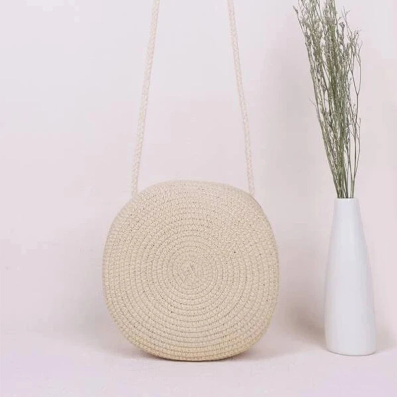 Minimalist Straw Bag Round Crossbody Purse Women Shoulder Vocation Style Handbag