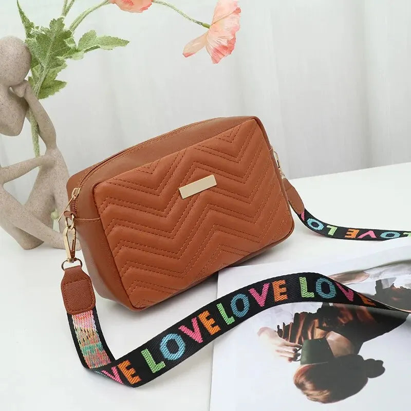 Rilibegan Embroidered Camera Bag PU Material Casual Small Square Bag Versatile Single Shoulder Bag Printed Shoulder Strap