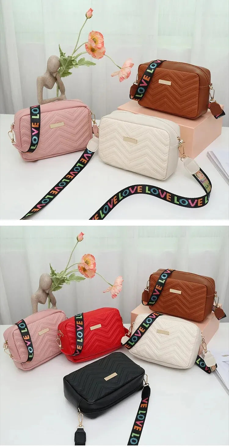 Rilibegan Embroidered Camera Bag PU Material Casual Small Square Bag Versatile Single Shoulder Bag Printed Shoulder Strap