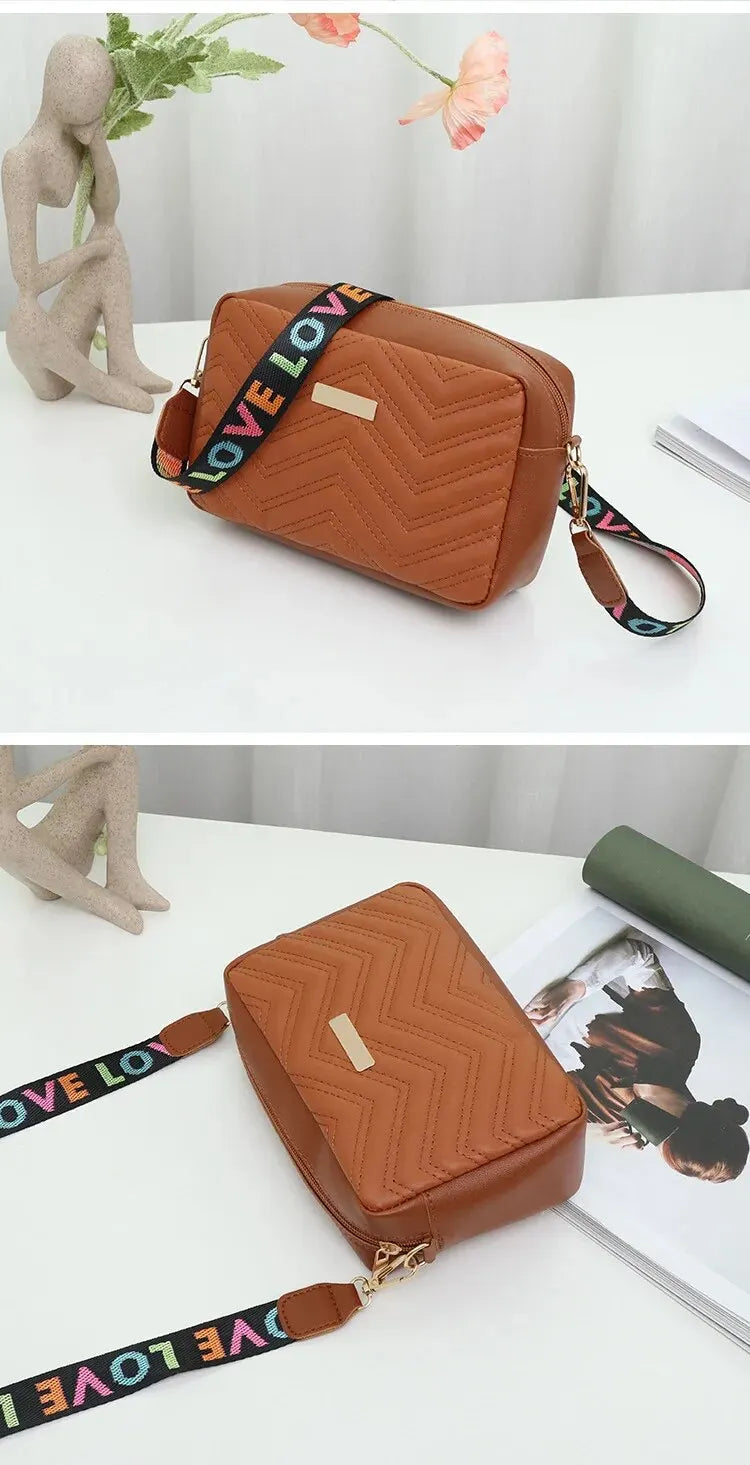 Rilibegan Embroidered Camera Bag PU Material Casual Small Square Bag Versatile Single Shoulder Bag Printed Shoulder Strap